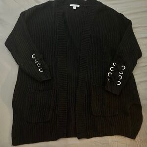 Black Chunky Knit Open Front Cardigan Sweater with Lace Up Sleeve Detail 1X‎